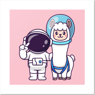 Cute Astronaut With Llama Alpaca Astronaut Cartoon Posters and Art